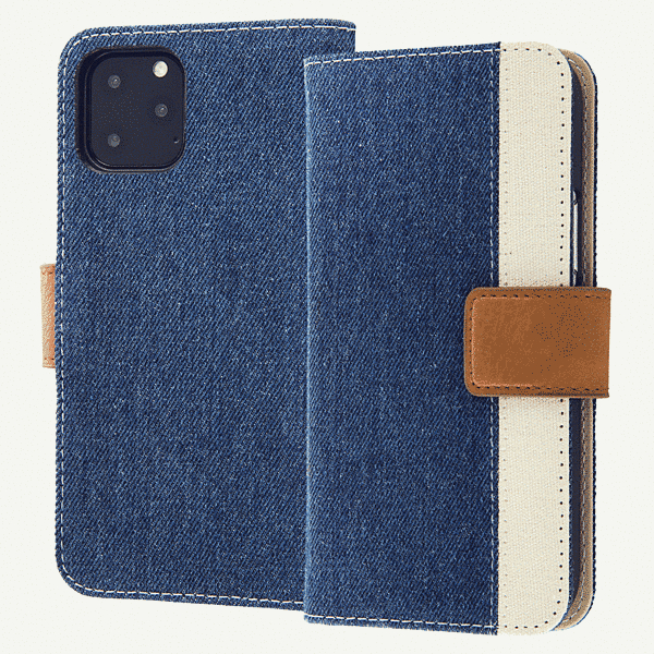 手帳型ファブリックケース デニム&帆布 Canvas Line/インディゴブルー