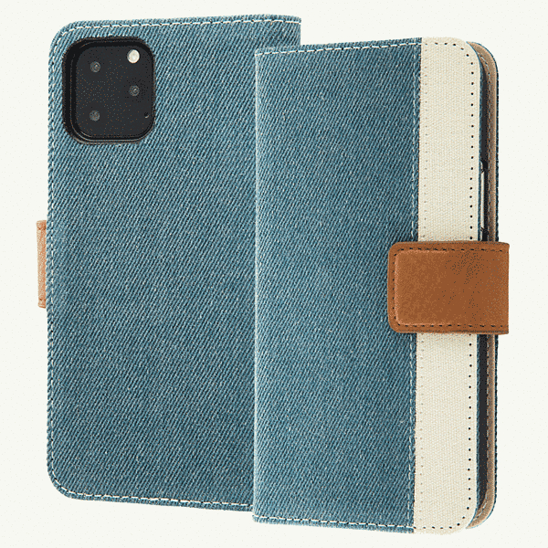 手帳型ファブリックケース デニム&帆布 Canvas Line/ライトブルー
