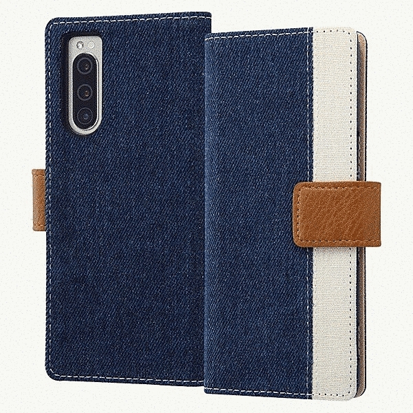 手帳型ファブリックケース デニム&帆布 Canvas Line/インディゴブルー