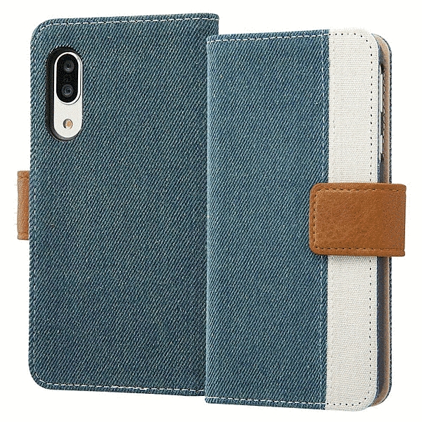 手帳型ファブリックケース デニム&帆布 Canvas Line/ライトブルー