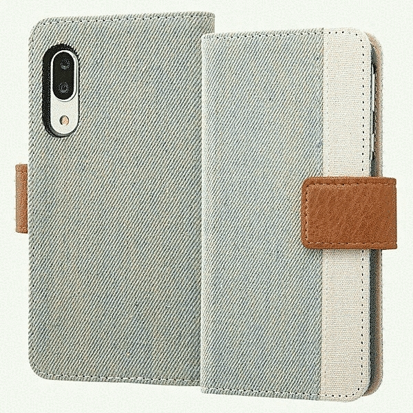 手帳型ファブリックケース デニム&帆布 Canvas Line/アイスブルー