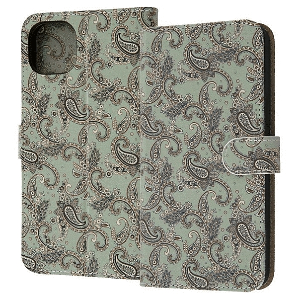 耐衝撃 手帳型レザーケース Designs/ペイズリー/グリーン