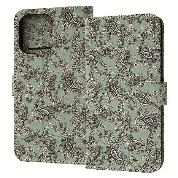 耐衝撃 手帳型レザーケース Designs/ペイズリー/グリーン