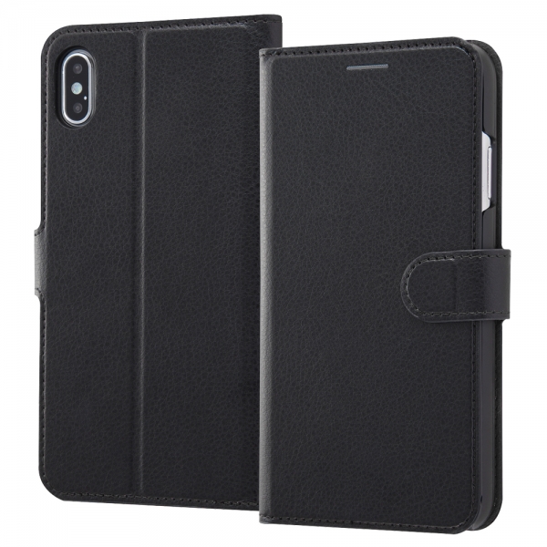 耐衝撃 手帳型レザーケース シンプル マグネット/ブラック/ブラック