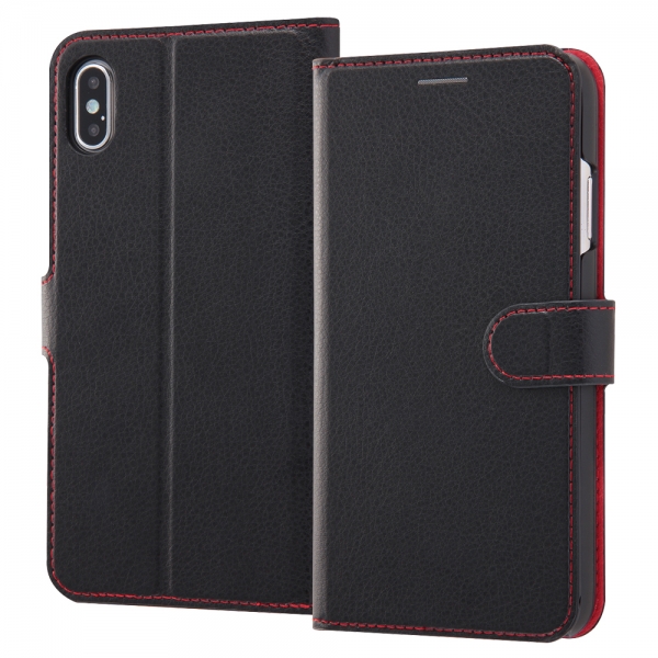 耐衝撃 手帳型レザーケース シンプル マグネット/ブラック/レッド