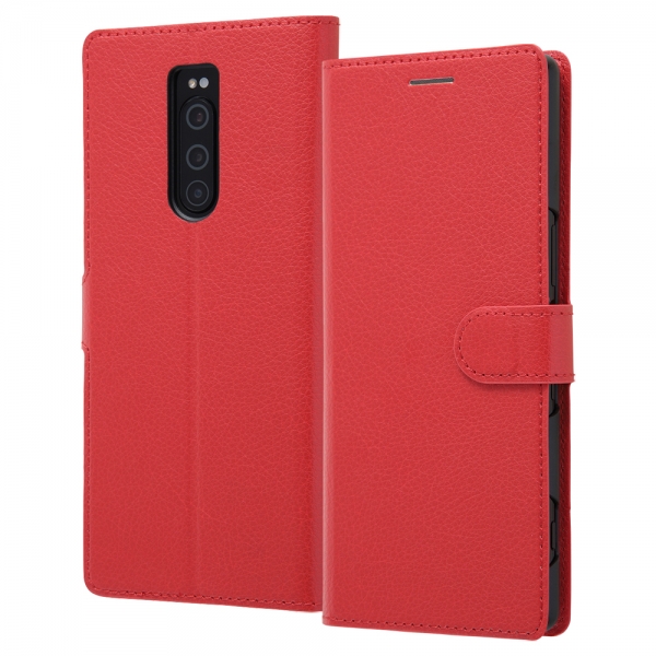 耐衝撃 手帳型レザーケース シンプル マグネット/レッド