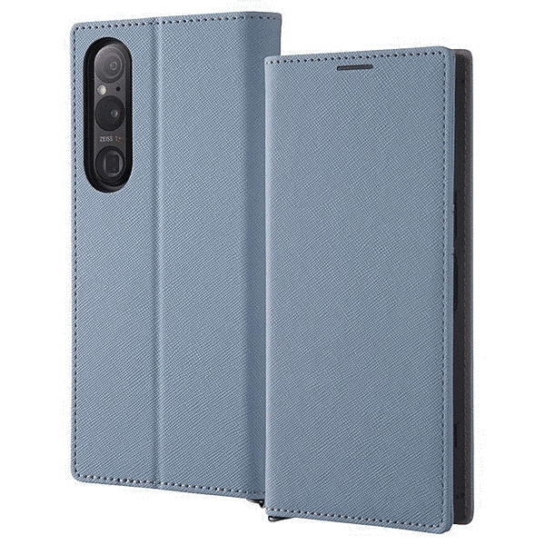 Durable 耐衝撃 マグネット不使用 シンプル スクエア 手帳型レザーケース/ブルー/ライトグレー