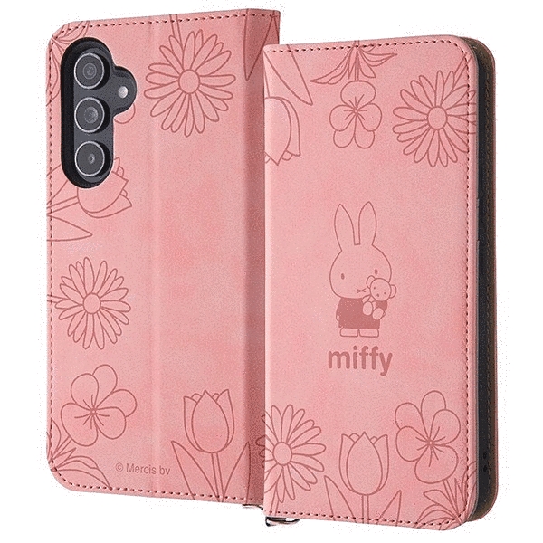 耐衝撃 手帳型レザーケース Raffine/ミッフィー_ピンクフラワー