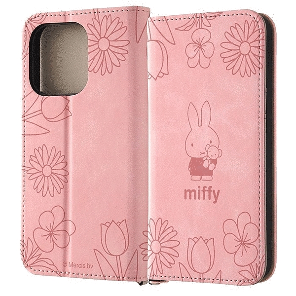 耐衝撃 手帳型レザーケース Raffine/ミッフィー_ピンクフラワー