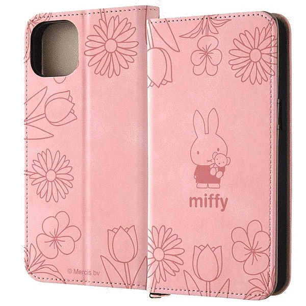 耐衝撃 手帳型レザーケース Raffine/ミッフィー_ピンクフラワー
