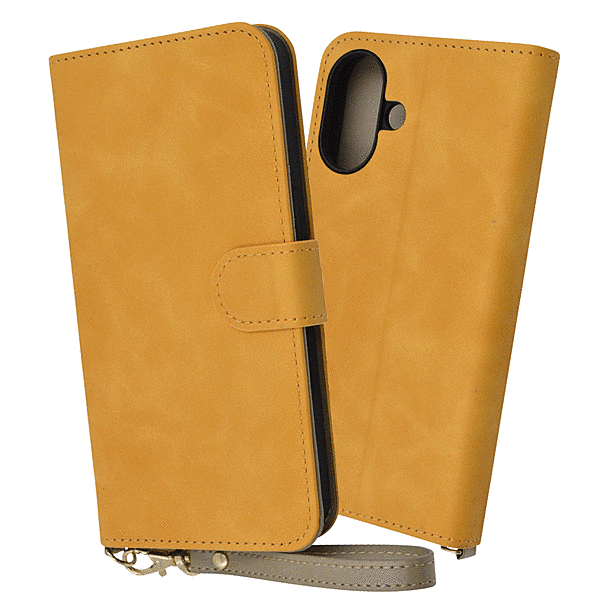 Raffine 耐衝撃 マグネットベルト ハンドストラップ付き さらさら ムラ染め 手帳型レザーケース/イエロー