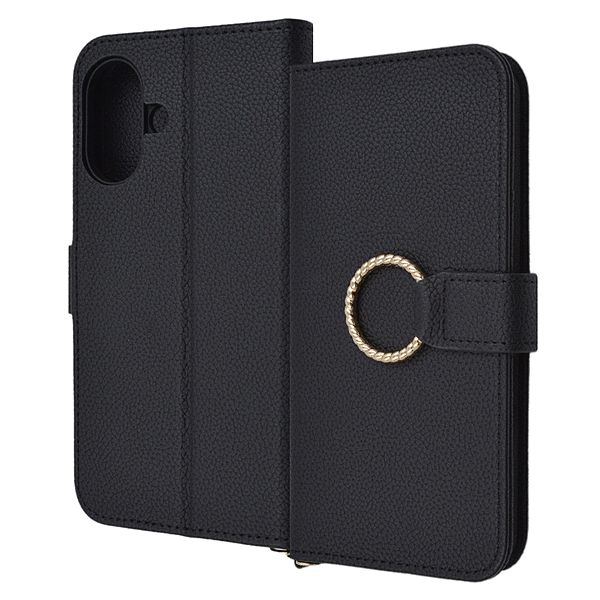 Ring 耐衝撃 マグネットベルト リング付き 手帳型レザーケース/ブラック