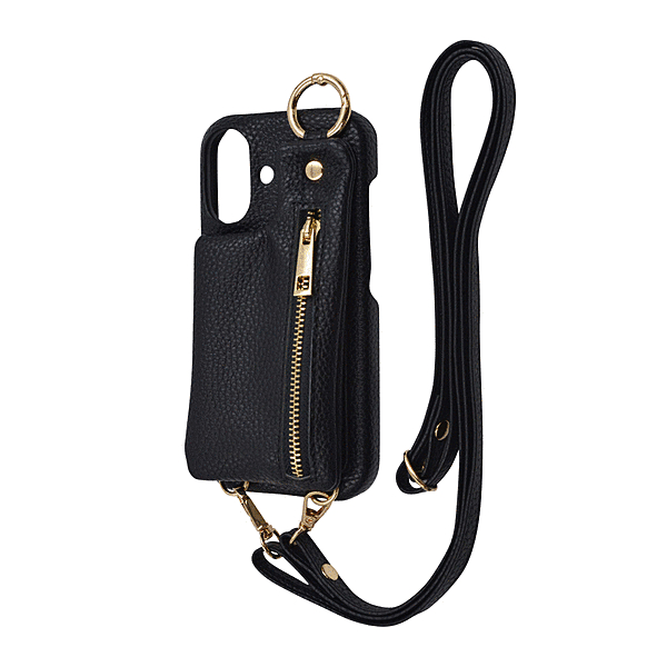 m1n1 ミニ ショルダー ネック ストラップ ポーチ付き オープンレザーケース/ブラック