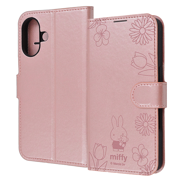 衝撃吸収 マグネットベルト シンプル 手帳型レザーケース/ミッフィー_ピンクフラワー