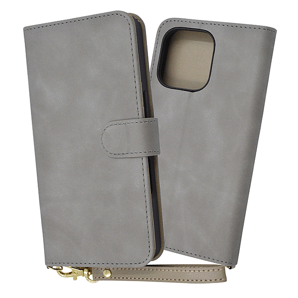 Raffine 耐衝撃 マグネットベルト ハンドストラップ付き さらさら ムラ染め 手帳型レザーケース/グレー