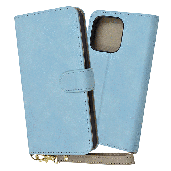 Raffine 耐衝撃 マグネットベルト ハンドストラップ付き さらさら ムラ染め 手帳型レザーケース/ブルー