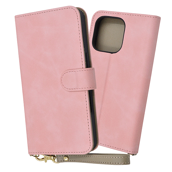 Raffine 耐衝撃 マグネットベルト ハンドストラップ付き さらさら ムラ染め 手帳型レザーケース/ピンク