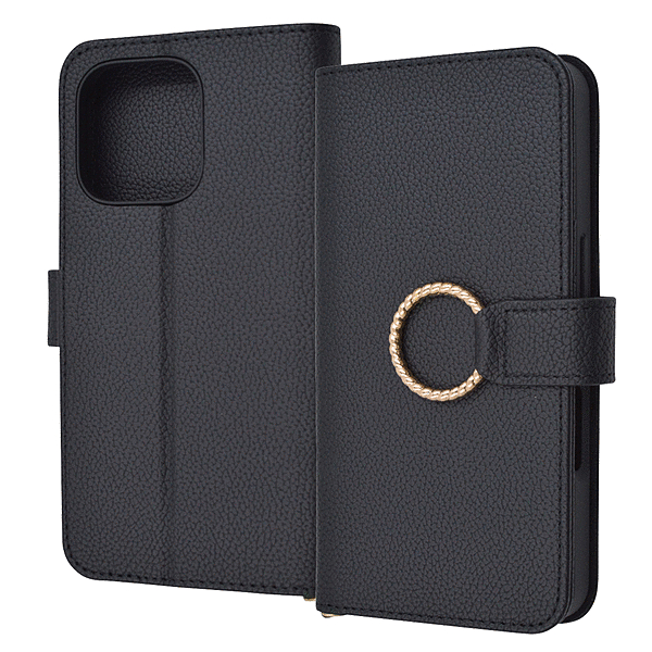 Ring 耐衝撃 マグネットベルト リング付き 手帳型レザーケース/ブラック