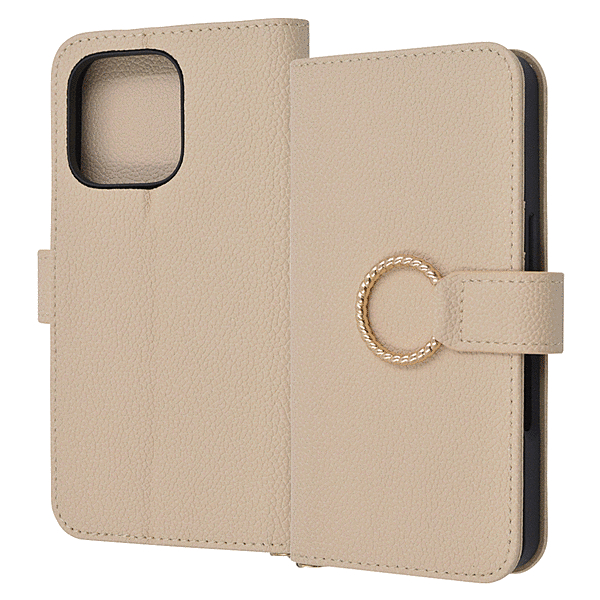 Ring 耐衝撃 マグネットベルト リング付き 手帳型レザーケース/ベージュ