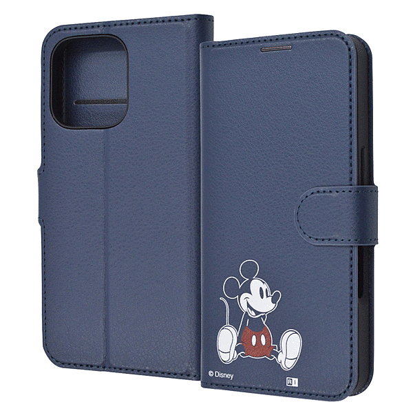 耐衝撃 手帳型レザーケース シンプルマグネット/ミッキーマウス_sitting