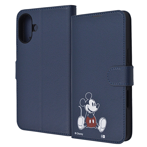 耐衝撃 手帳型レザーケース シンプルマグネット/ミッキーマウス_sitting