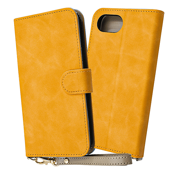 Raffine 耐衝撃 マグネットベルト ハンドストラップ付き さらさら ムラ染め 手帳型レザーケース/イエロー