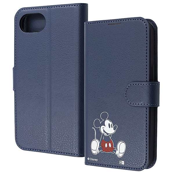 耐衝撃 手帳型レザーケース シンプルマグネット/ミッキーマウス_sitting