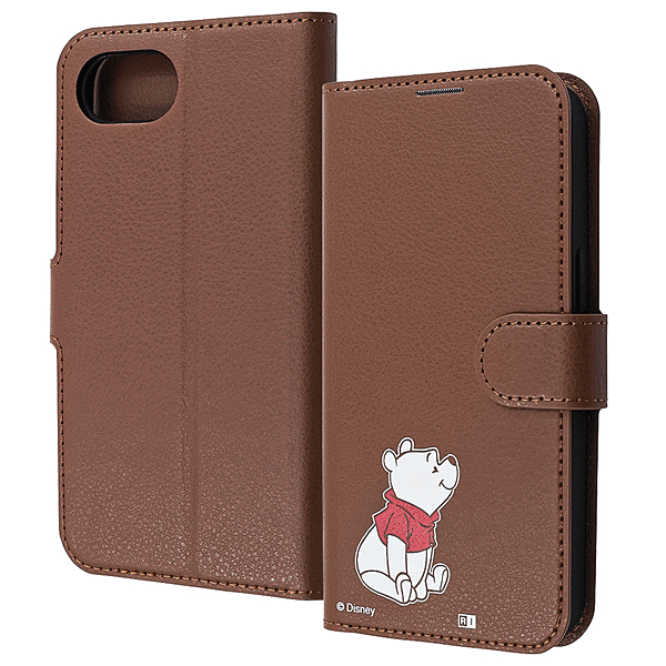 耐衝撃 手帳型レザーケース シンプルマグネット/くまのプーさん_sitting