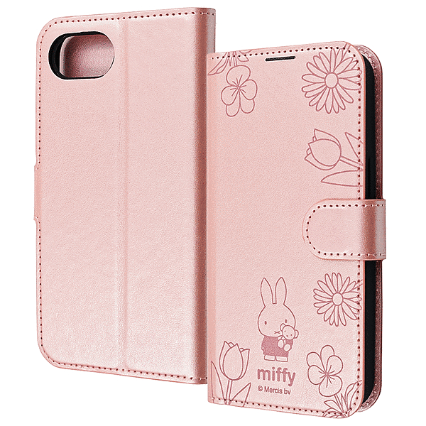 衝撃吸収 マグネットベルト シンプル 手帳型レザーケース/ミッフィー_ピンクフラワー