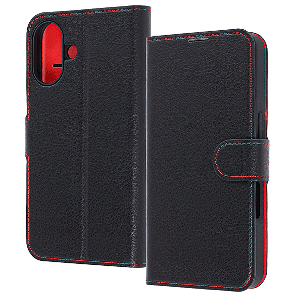 手帳型レザーケースマグネット ブラック レッド