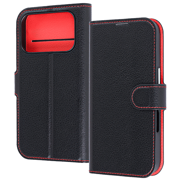 手帳型レザーケースマグネット ブラック レッド