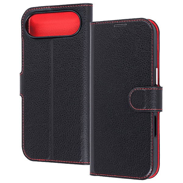 手帳型レザーケースマグネット ブラック レッド