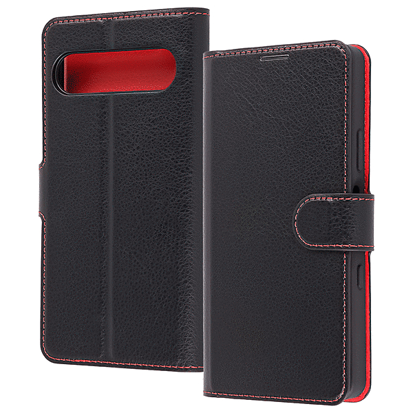 耐衝撃 シンプル 手帳型レザーケース/ブラック/レッド