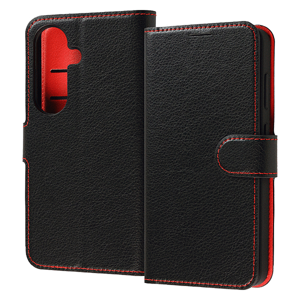 手帳型レザーケース シンプル マグネット ブラック/レッド