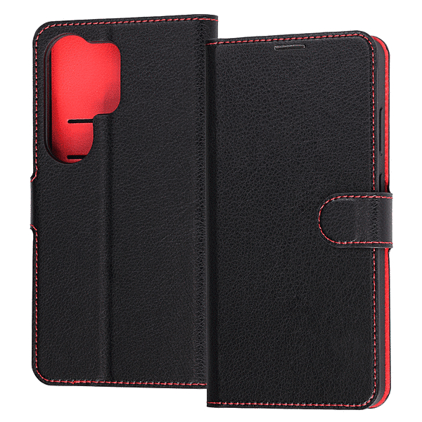 手帳型レザーケース マグネット ブラック/レッド