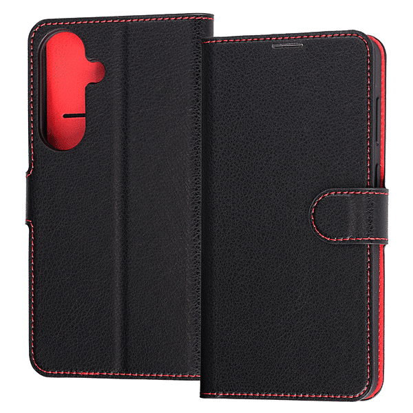 手帳型レザーケース シンプル マグネット ブラック/レッド