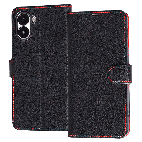 手帳型レザーケース シンプル マグネット ブラック/レッド