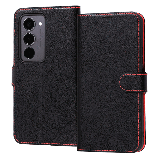 手帳型ケース シンプル マグネット ブラック/レッド