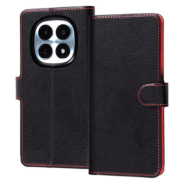 手帳型ケース シンプル マグネット ブラック/レッド