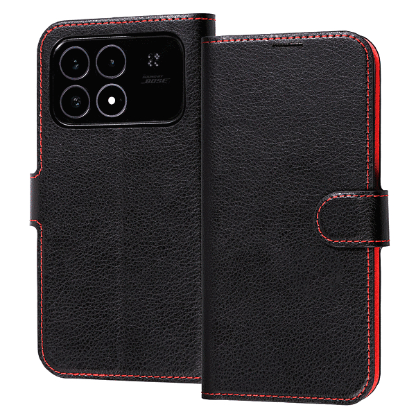 手帳型ケース シンプル マグネット ブラック/レッド