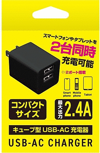 キューブ型USB-AC充電器2.4A ブラック