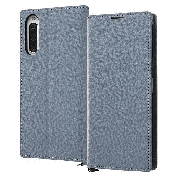 耐衝撃 手帳型レザーケース KAKU Durable/ブルー/ライトグレー