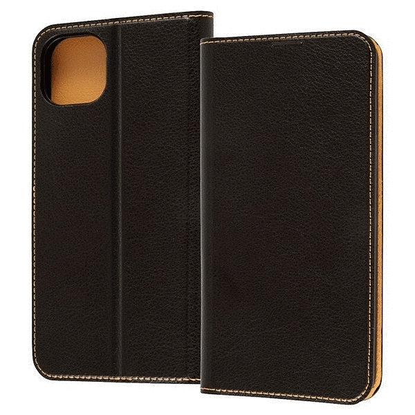 耐衝撃 手帳型レザーケース シンプル/ブラック/オレンジ