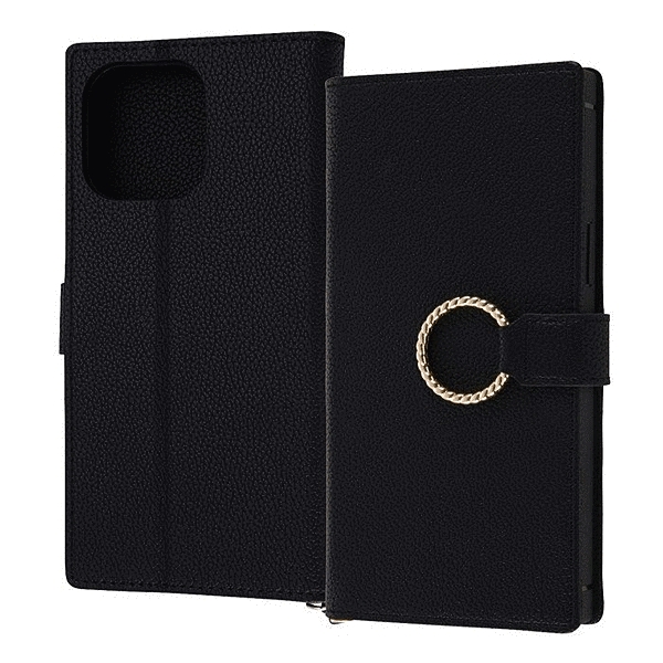 耐衝撃 手帳型レザーケース KAKU Ring/ブラック