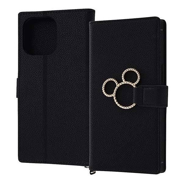 耐衝撃 手帳型レザーケース KAKU Ring/ミッキー_ミツマル/ブラック