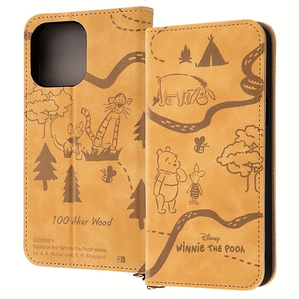 耐衝撃 手帳型レザーケース Raffine/くまのプーさん_モノトーン