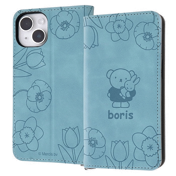 耐衝撃 手帳型レザーケース Raffine/ミッフィー/ボリス_ブルーフラワー