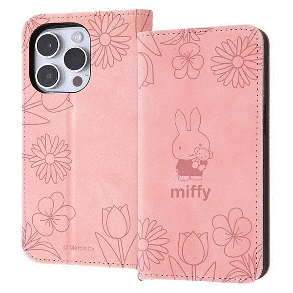 耐衝撃 手帳型レザーケース Raffine/ミッフィー_ピンクフラワー
