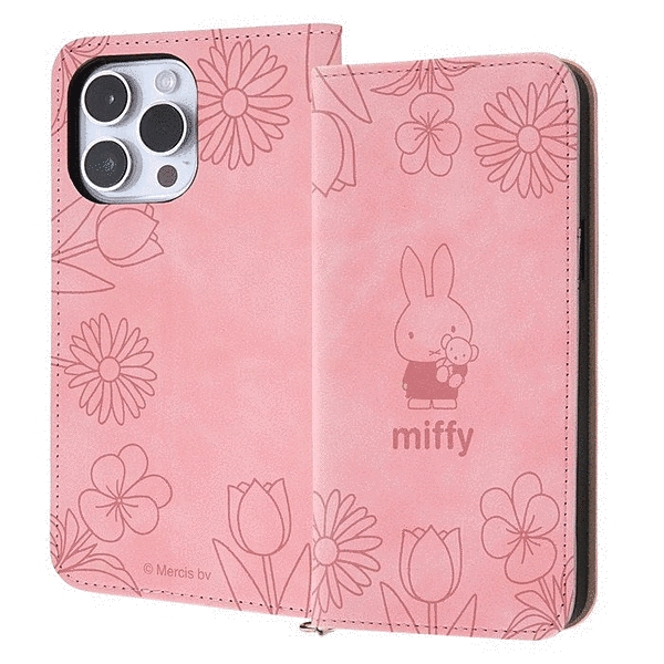 耐衝撃 手帳型レザーケース Raffine/ミッフィー_ピンクフラワー