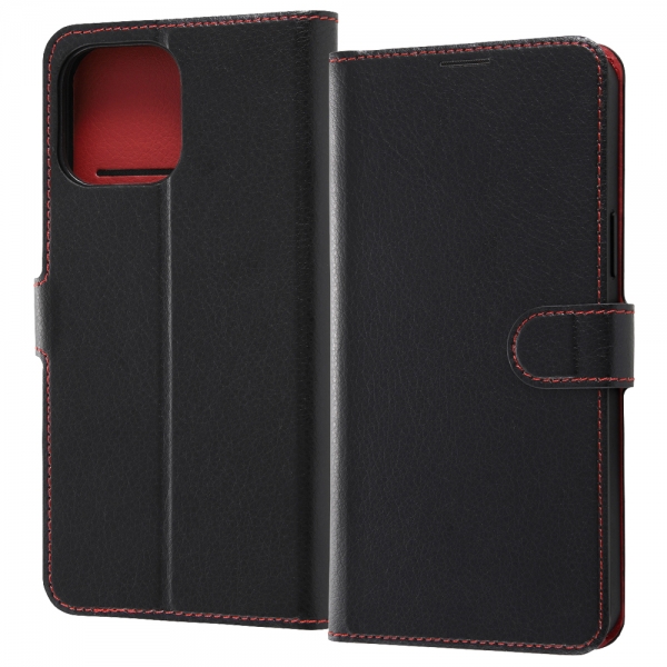 耐衝撃 手帳型レザーケース シンプル マグネット/ブラック/レッド